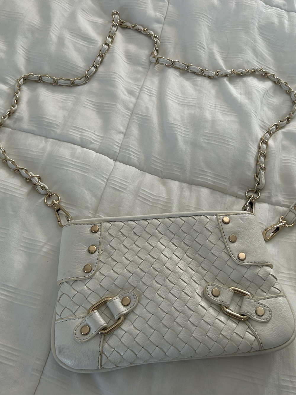 Cache White Woven Leather Crossbody with Gold Chain